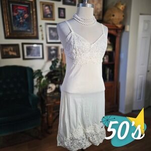 Vintage 50s Mistee White Lace Slip Dress Lingerie Cami Adjustable Straps
